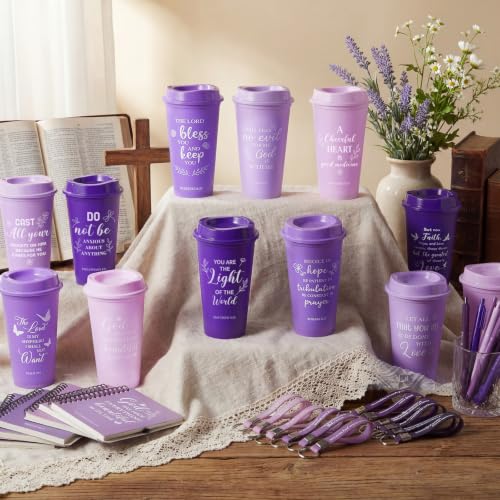 12-Piece Christian Scripture Gift Set with Coffee Cups, Notebooks, Pens & Keychains - Purple Gradient