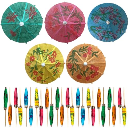 Bamboo Cocktail Umbrella Picks - 30 Pack Colorful Parasol Drink Toppers