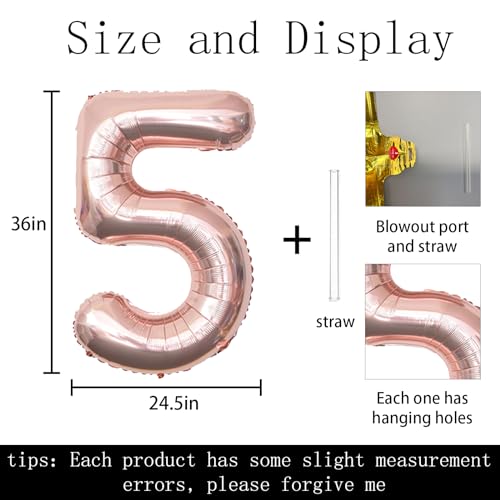 Keyali 40 Inch Rose Gold Number 5 Foil Helium Balloon for Party Decor