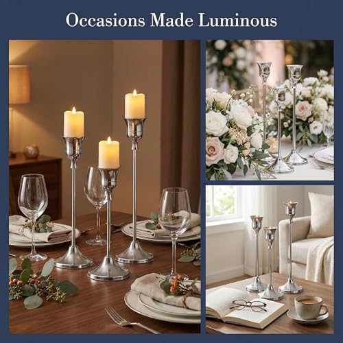 SylvaCraft 3-Piece Silver Metal Tapered Candle Holder Set for Table Decor
