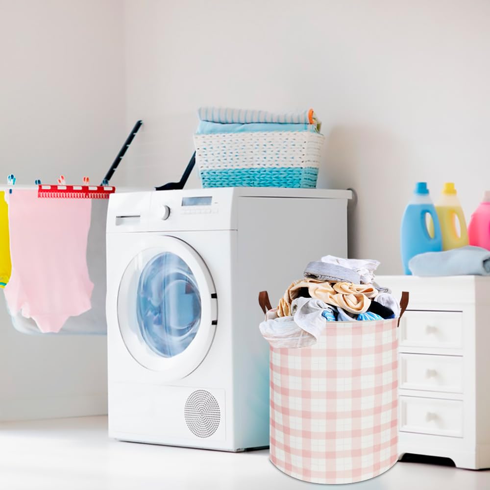 CLOCOR Laundry Basket, Waterproof Pink Nursery Hamper, Collapsible Fabric Storage Container, Room Decor, Gift Basket(Pink Grid)