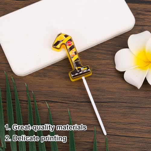Construction Number 1 Candle - Yellow & Black Striped Birthday Cake Topper