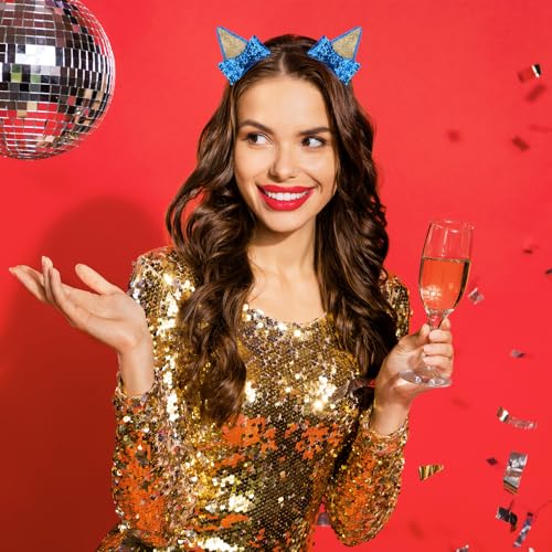GUGUMO 2 Pcs Blue Glitter Ear Hair Clips with Bows for Cosplay and Parties