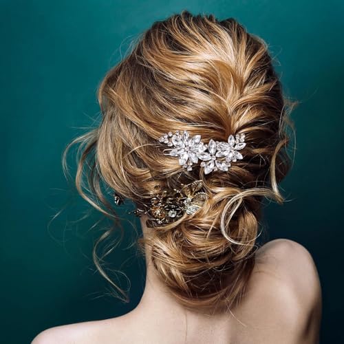 Ahltoiex 2 Pcs Rhinestone Silver Flower Hair Clips for Bridal Wedding