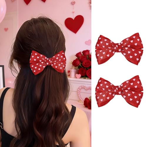 Valentine's Day Red Heart Hair Bow Clips 2 Pack Grosgrain Ribbon Barrette