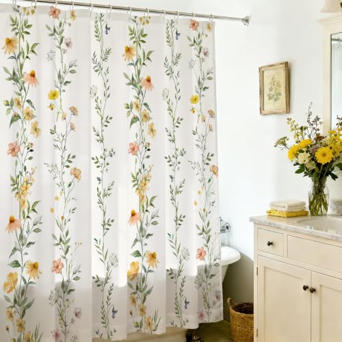 Boho Floral Shower Curtain - Green Vines, Waterproof, 72x72 inches