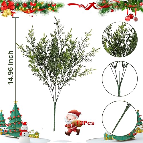 Yoratee Green Artificial Outdoor Cedar Plants 12 Bunches UV Resistant Faux Greenery