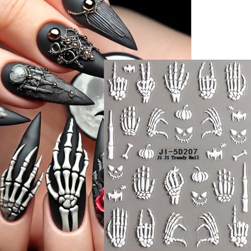 5D Halloween Skeleton Nail Art Stickers - Gothic Rose & Skull Decal Set