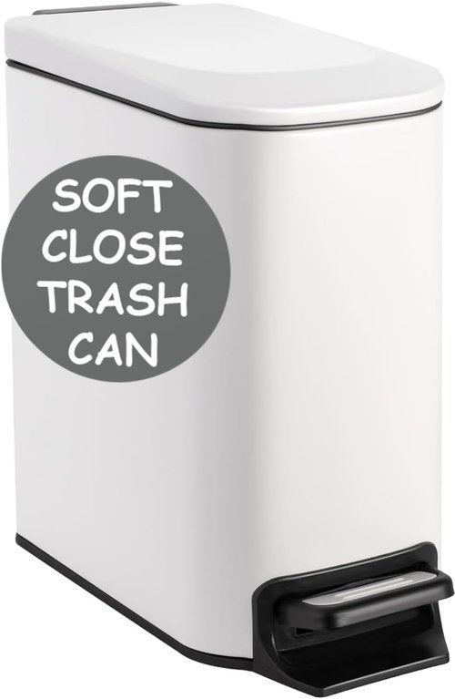 Homie Soft Close, Slim Trash Can 6 Liter / 1.6 Gallon with Anti - Bag Slip Liner and Lid, Use as Mini Garbage Basket, Slim Dust Bin, or Decor in Bathroom, Restroom, Kitchen, or Bedroom (Matte White)