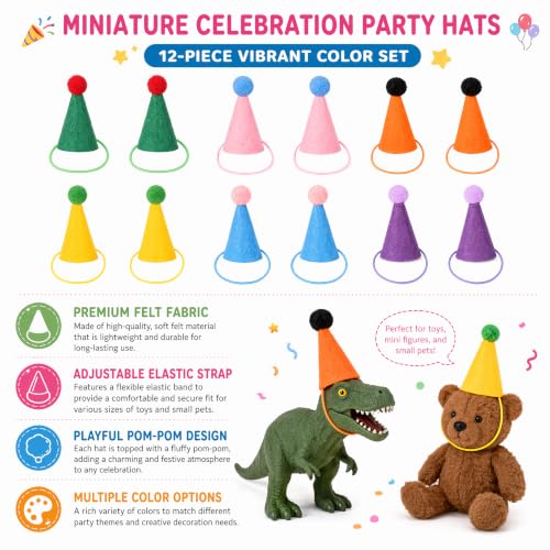 12 Pcs Mini Party Hats for Stuffed Animals, Figures, and Cake Toppers