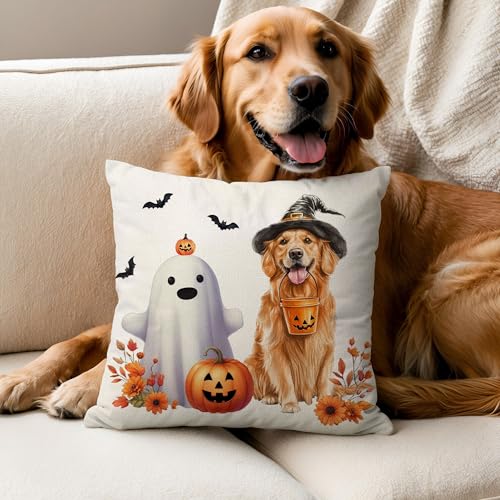 Halloween Pillow Covers Set of 2 - 18x18 Inch Ghost & Dog Decor
