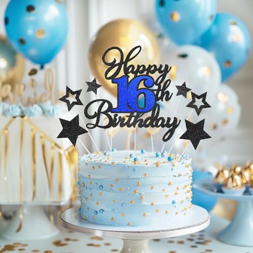 Happy 16th Birthday Cake Topper - Black Blue Glitter Decoration