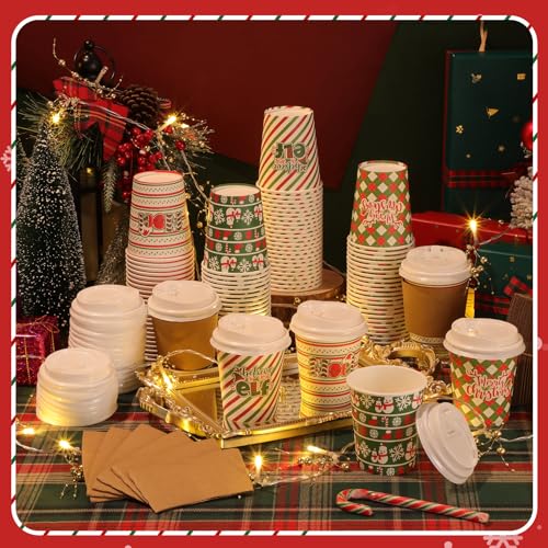 100 Sets Christmas Coffee Cups with Lids & Sleeves - 9 oz Cute Holiday Design