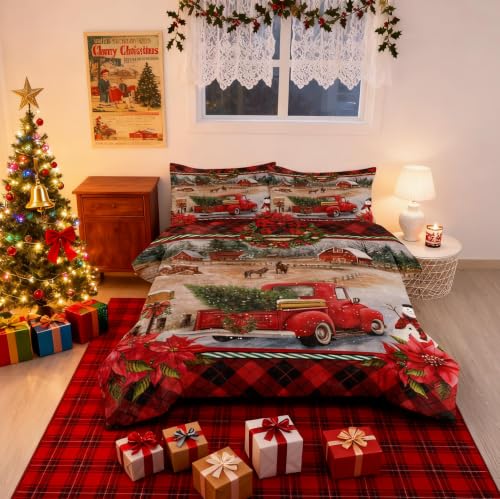 Sedefen Christmas Comforter Set Queen Red Gingham Truck Farmhouse Bedding - Variation of King