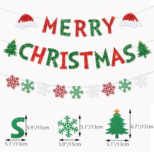 Christmas Banner Set - Red and Green Glitter Snowflake Bunting for Indoor Holiday Decor