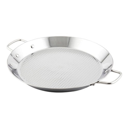 Restaurantware 10 Inch Spanish Paella Pan 1 Induction Ready Paella Pan - Heavy-Duty Riveted Handles Silver Stainless Steel Spanish Pan Dishwasher-Safe Paella Cookware For Homes or Restaurants