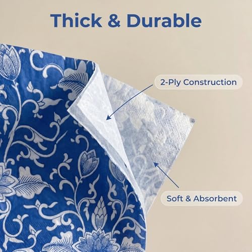 BESALILY Lotus Printed Paper Napkins - 20 Count, 2-Ply, Blue