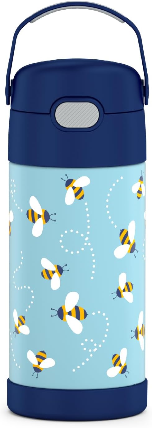 THERMOS FUNTAINER 12 Ounce Kids Straw Bottle - Stainless Steel, Vacuum Insulated, Honey Bees Design