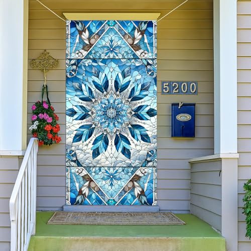 Blue Mandala Stained Glass Door Cover - 35x71in Art