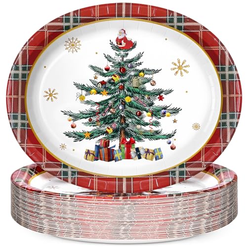 Christmas Oval Paper Plates 12 x 10 Inches Disposable Holiday Tableware Set of 50