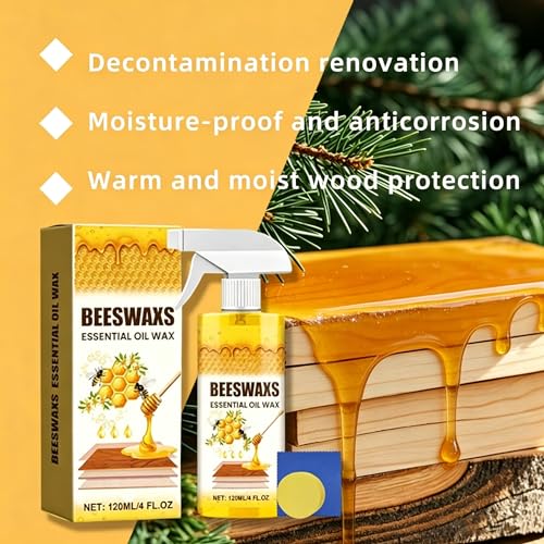 Beeswax Wood Polish Spray - Natural Furniture Cleaner with Sponge & Towel