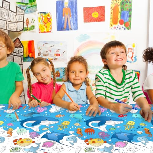 PartyGarden Ocean Under the Sea Coloring Tablecloth - Kids Birthday Party Supplies, 54x108 Inches