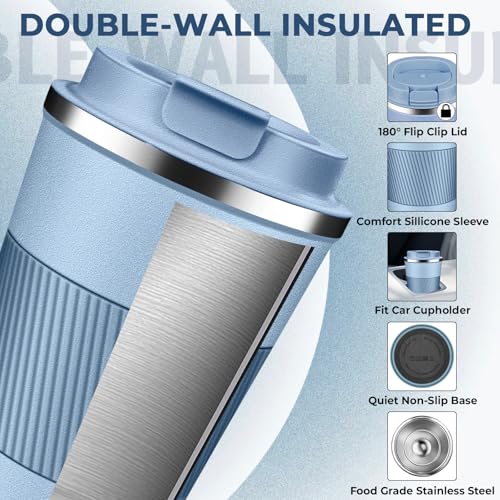 XKELFX Sky Blue 12 oz Insulated Travel Coffee Tumbler - Leak Proof Stainless Steel Mug
