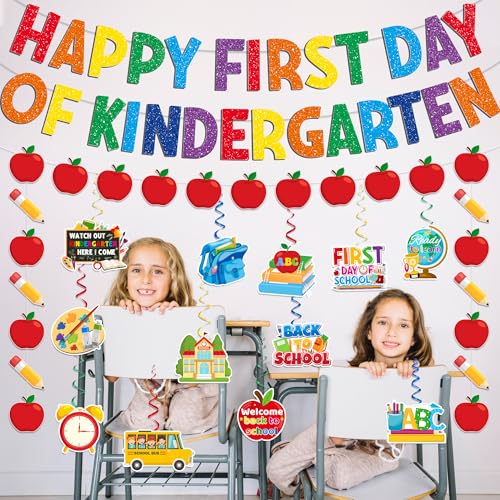 Happy First Day of Kindergarten Decorations Set - Banner & Swirls