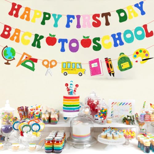 Happy First Day Back to School Banner - Colorful Decor (Red, Purple, Green, Blue, Grey, Pink)
