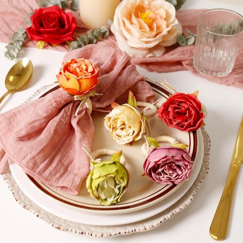 Red Handmade Flower Napkin Rings Set of 6 with Jute Bow for Summer Wedding Party