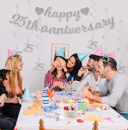 Silver 25th Anniversary Party Decorations Set - Banner, Cake Topper & Swirls