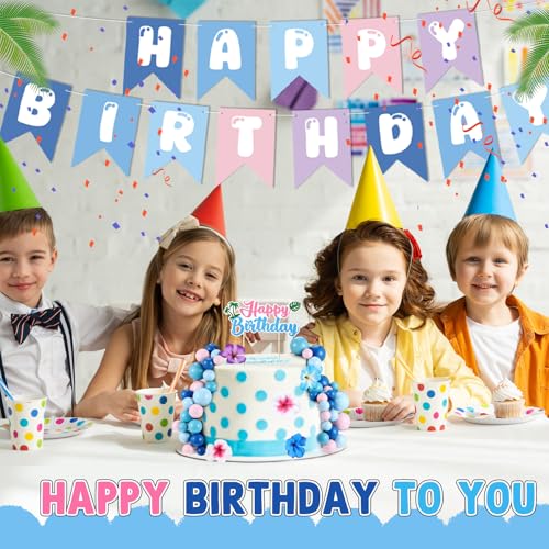 Cute Cartoon Blue Pink Happy Birthday Banner for Kids Party