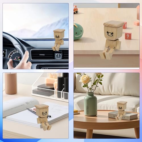 Wooden Rocking Doll Car Dashboard Ornament with 12 Interchangeable Emoji Faces and Spring Legs