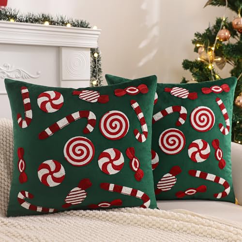 Christmas Throw Pillow Cover 18x18 Set of 2 Dark Green Candy Cane - Holiday Decor