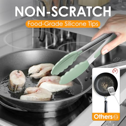 HOTEC 7-Inch Mini Silicone Kitchen Tongs - Heat Resistant Set of 3 (Light Green)