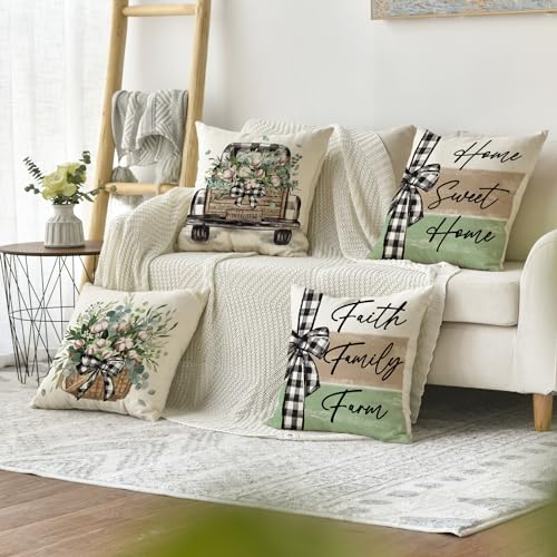 AVOIN colorlife Farmhouse Throw Pillow Covers, 18x18 Green Set of 4