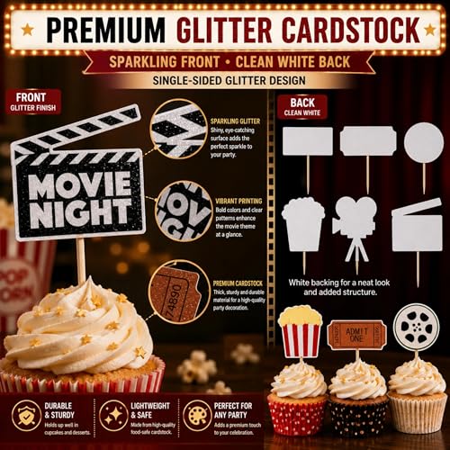 Movie Night Cupcake Toppers - 12PCS Glitter Decorations