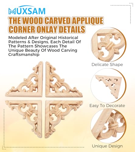 MUXSAM 4Pcs Wood Carved Appliques Onlays - Unpainted Wooden Corner Decals for Furniture, Cabinets, and Walls (8x8cm)
