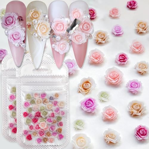 Qdsuh 100PCS 3D Resin Flower Nail Charms - Mixed Color Rose Manicure Art
