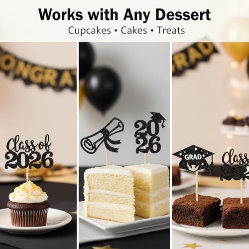 36 PCS Class of 2026 Graduation Cupcake Toppers - Black Glitter