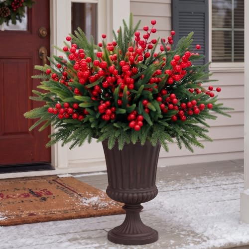 24 Large Artificial Christmas Pine Branches with Red Berry Stems for Outdoor Decor