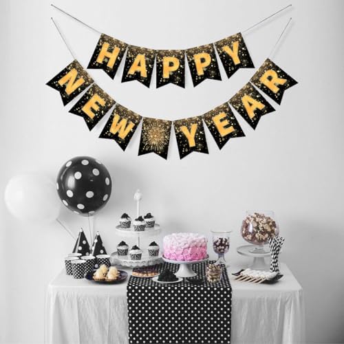 Happy New Year 2026 Banner | Elegant Black & Gold Party Decor