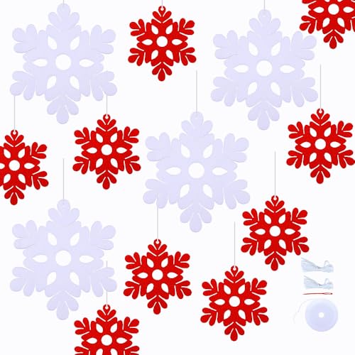 Bulk Felt Snowflake Ornaments - White and Red Holiday Decorations for Winter Parties