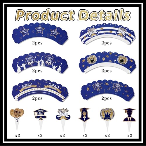 Graduation Cupcake Toppers & Wrappers Set - 24PCS Blue Grad Decorations