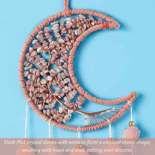 Pretty Jolly Pink Moon Dream Catcher with Crystal Stones Wall Decor