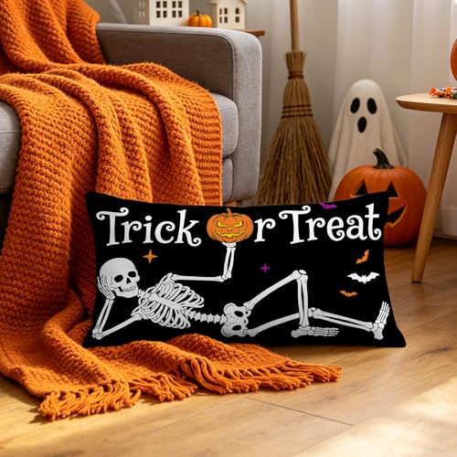 Halloween Skull Throw Pillow Cover 12x20 | Spooky Sofa Decoration