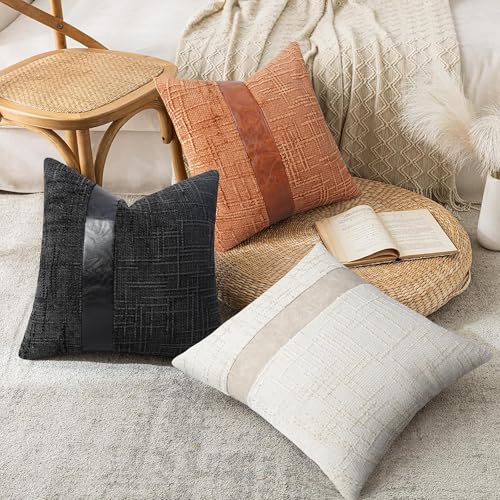 Black Chenille Throw Pillow Cover 18x18 with Faux Leather Accents