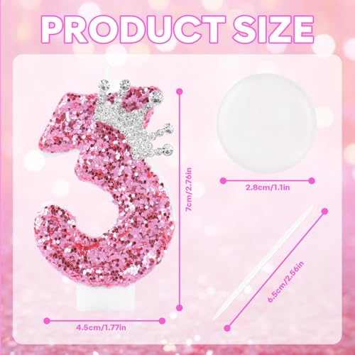 AndiluluBear Pink Number 3 Birthday Candle with Glitter Crown - Princess Cake Topper