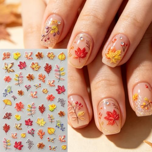 Fall Nail Stickers 5D Gold Foil Maple Leaf & Pumpkin Decals 4pcs