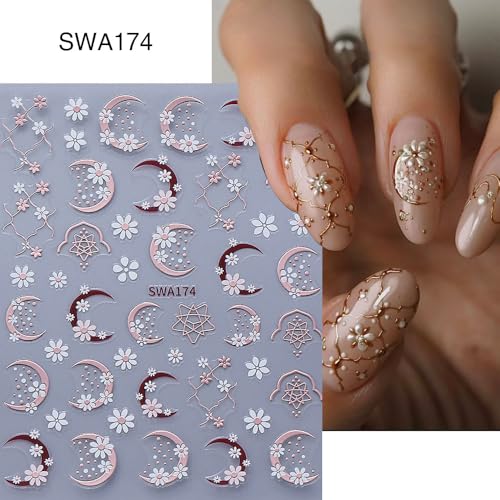 Floral Nail Art Stickers Daisy Flowers Rose Gold Moon Lace Decals 4Pcs